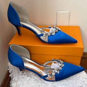 Up2Step D'orsay Royal Blue Satin Women's Heels with Rhinestones